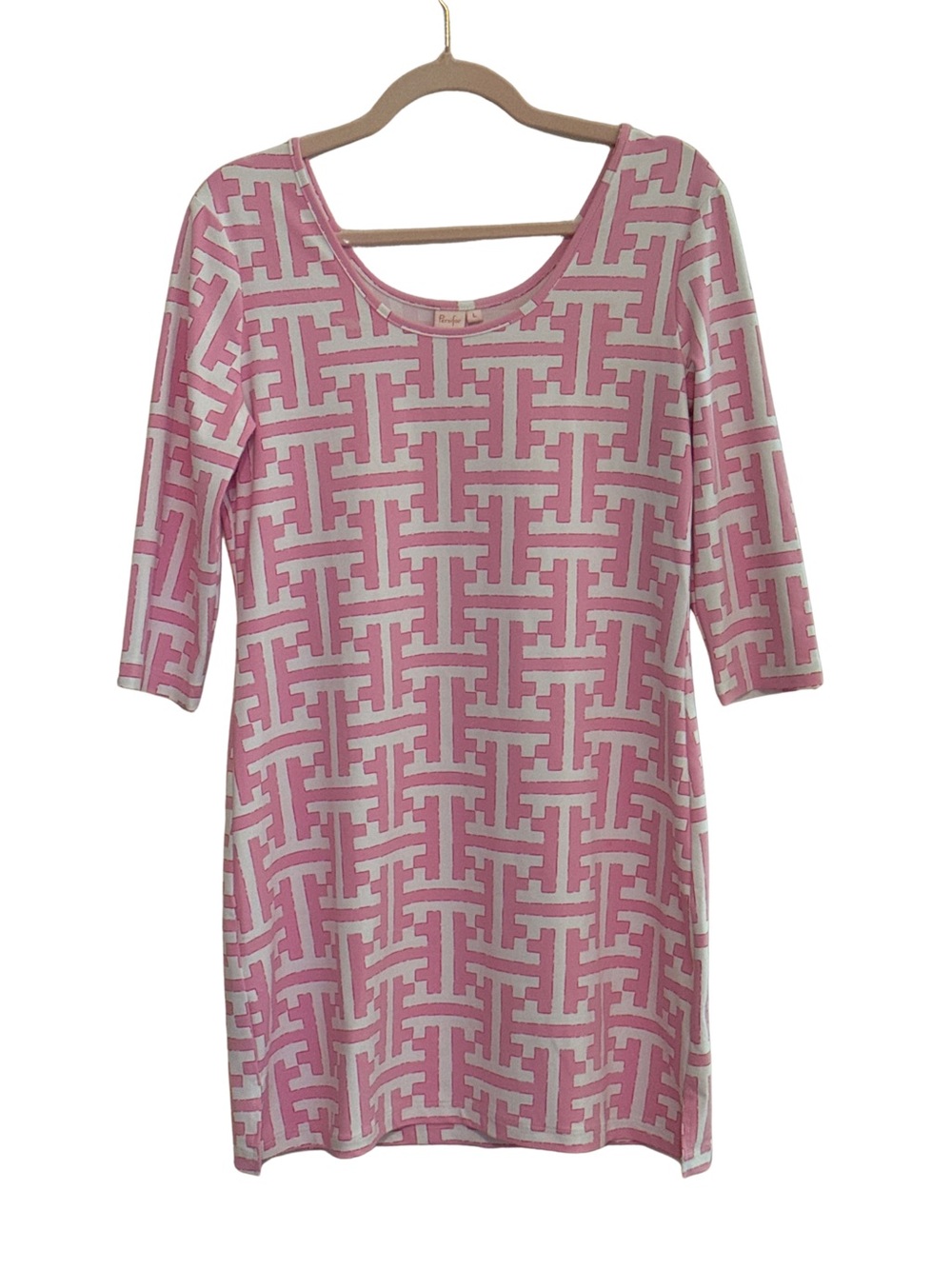 Persifor Women's Large Geometric Print Pink White Stretchy Knit Dress Preppy